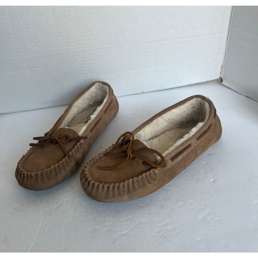 Minnetonka Cally Brown Suede Slip On Faux Fur Lined Bow Flat Slipper Shoes Sz 10